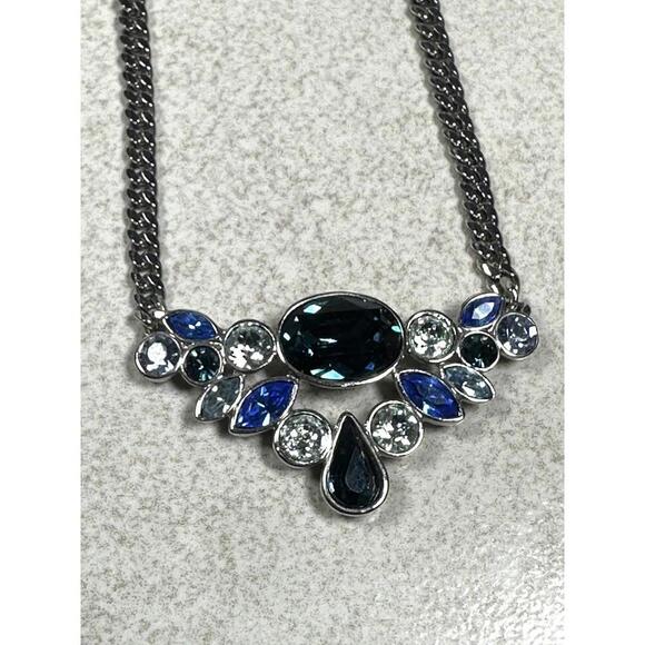 Givenchy Blue Crystal Statement Necklace 20” Silver Tone Designer Glam